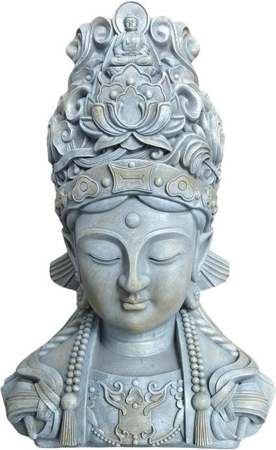 Relaxdays Buddha Büste aus Polyresin in Hellgrau und Beige mit Lotosblume, wetterfest und UV-beständig, B/T/H: 44 x 32 x 21 cm - Bild 1