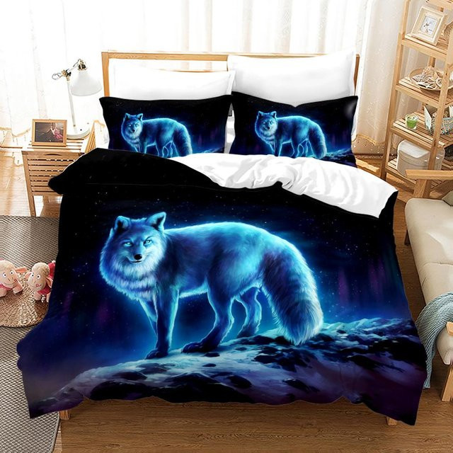 Bettwäsche-Set mit Fuchs-Muster von Your Warm Home in Blau, bestehend aus 1 Bettbezug und 2 Kissenbezügen aus Polyester, Breite: 135 cm, Länge: 200 cm - Bild 1