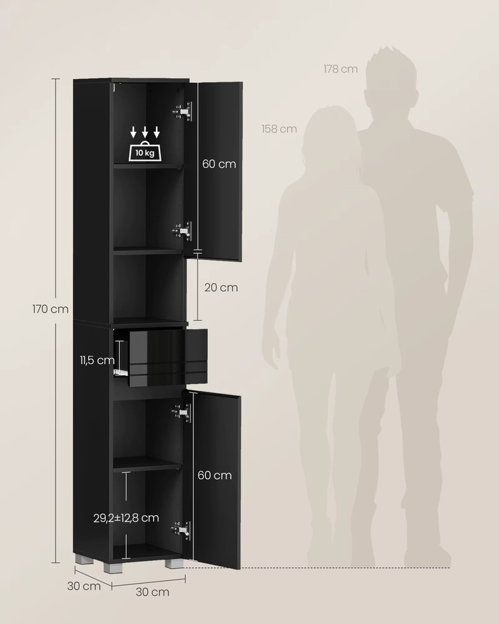VASAGLE Badezimmerschrank in Schwarz mit Schublade und verstellbaren Ablagen, B/T/H: 30 x 30 x 170 cm - Bild 5