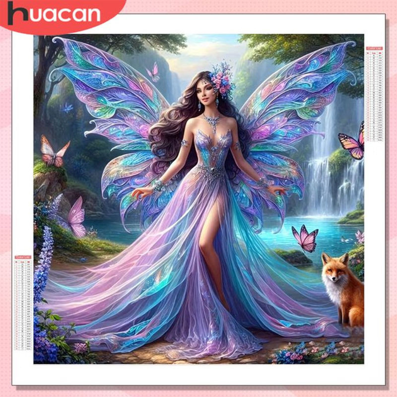 HUACAN Diamantmalerei Frauenporträt mit Schmetterling als mehrfarbiges Mosaik-Strass-Bild für Erwachsene - Bild 1