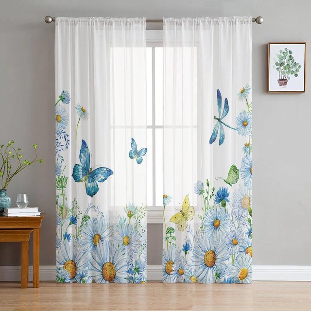 Yiran Furniture Tüllvorhang mit Blumen- und Schmetterlingsmuster in Blau und Weiß, Breite: 135 cm, Höhe: 115 cm - Bild 1