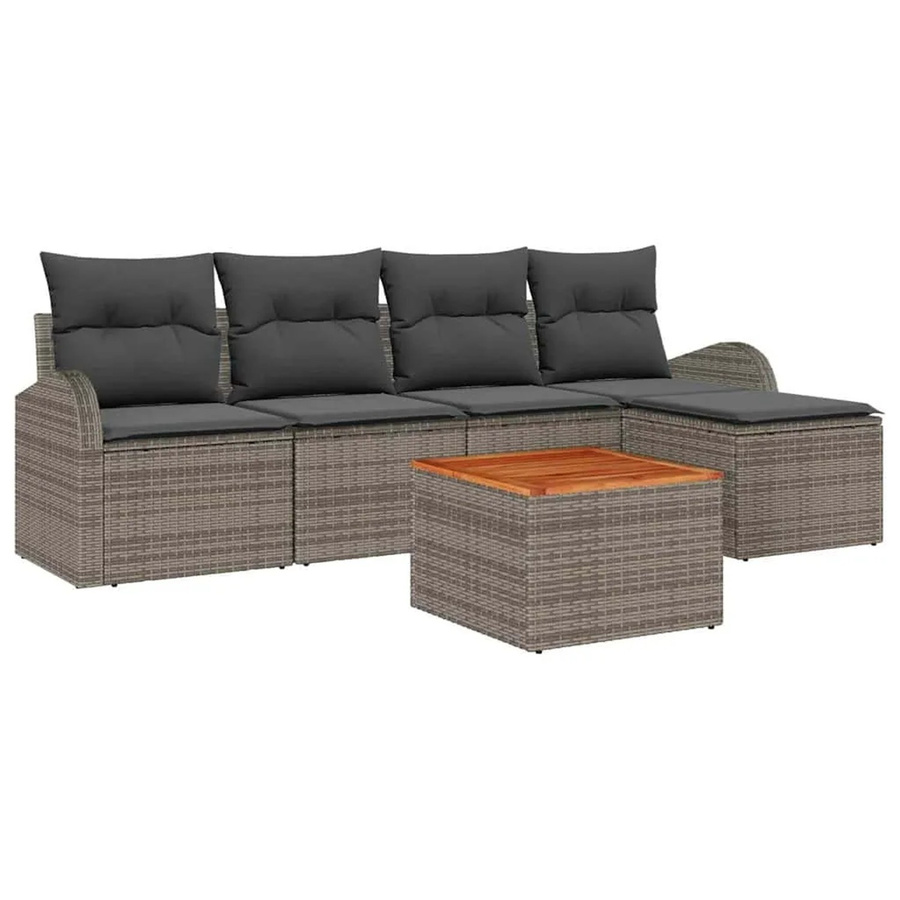vidaXL Garten-Sofa-Set 6-teilig aus Polyrattan in Grau mit Polstern und Ottomane für Terrasse und Garten - Bild 2