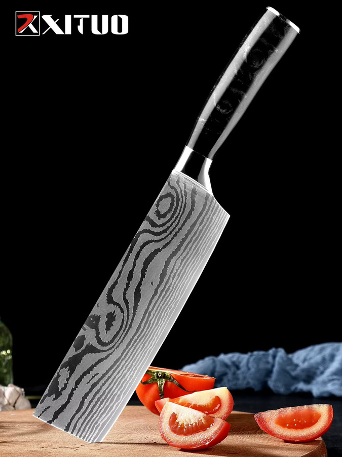 XITUO 1-6-teiliges Japanisches Messerset mit schwarzem Kunstharzgriff und Laser-Damaszener-Muster bestehend aus Brotmesser, Santoku-Messer und Schälmesser in Schwarz - Bild 6