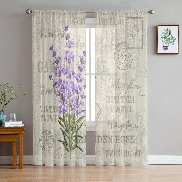Transparente Tüll-Vorhänge mit floralem Lavendel-Blumenmuster in Lila und Weiß, Breite: 135 cm, Höhe: 115 cm - Bild 1