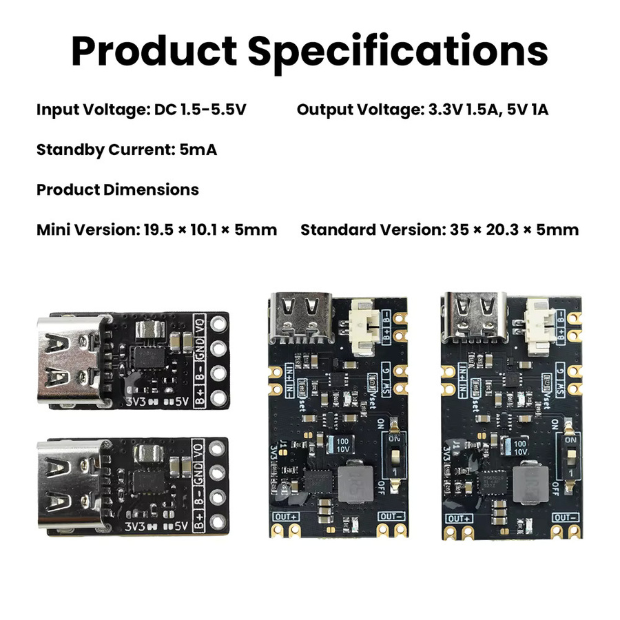 diymore USV-Modul Mikrocontroller-basiertes Lithium-Batterie-Lademodul mit USB-C-Schnittstelle, 3,3V/5V Ausgang, 1,5A/1A, Schwarz - Bild 2