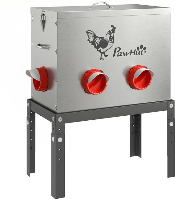 PawHut Hühnerfutterautomat mit 18 kg Füllmenge und 6 Öffnungen, silberner Futterspender aus verzinktem Stahl mit abschließbarem Deckel und verstellbaren Beinen, B/T/H: 42,3 x 25 x 55,3 cm - Bild 1
