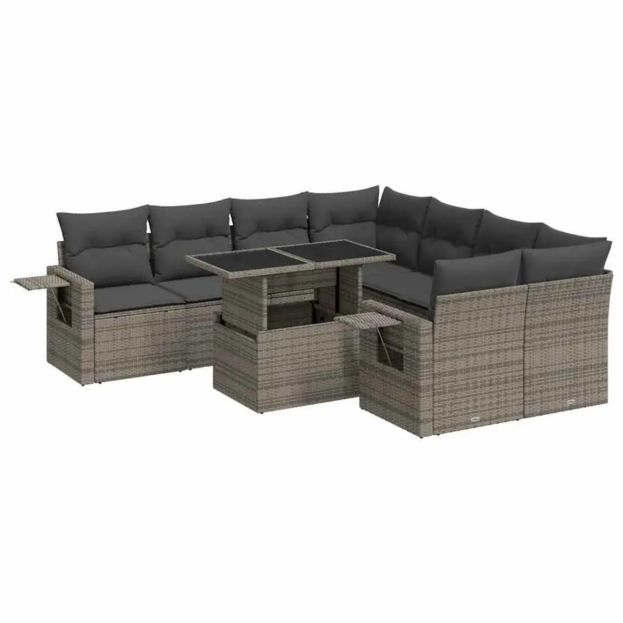 vidaXL 9-tlg Garten-Sofagarnitur in U-Form aus grauem Poly-Rattan mit Kissen und pulverbeschichtetem Stahlgestell - Bild 2