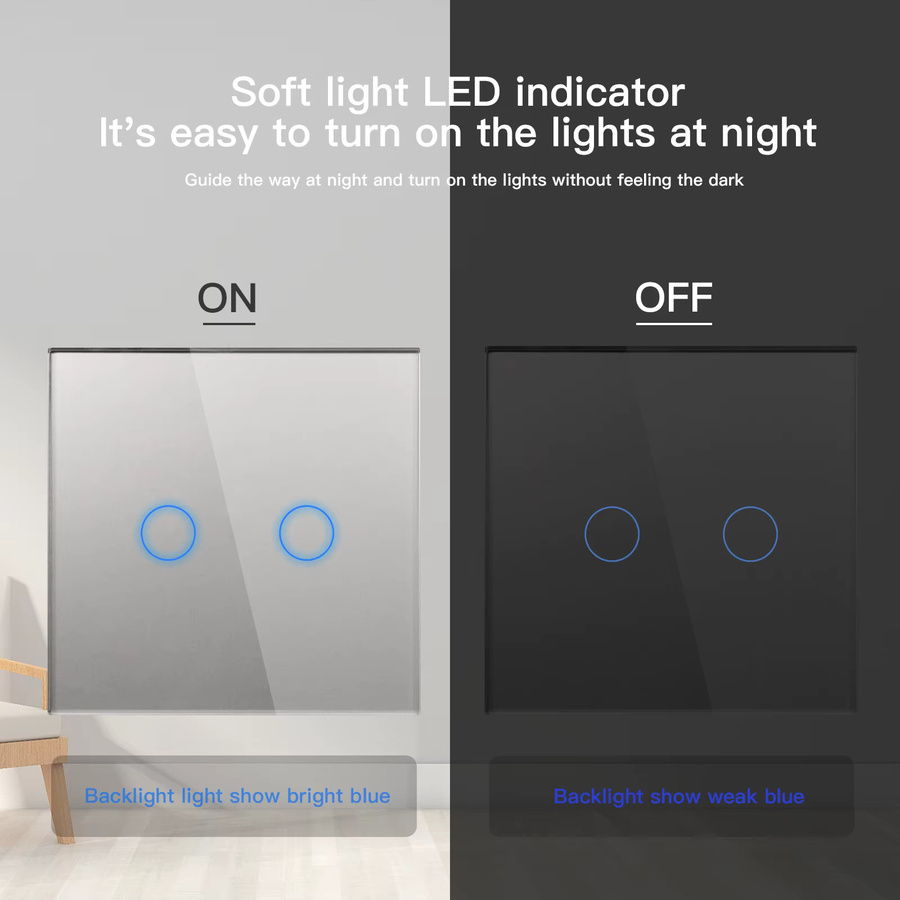 Bseed Wand-Touch-Lichtschalter mit EU-Steckdose und USB Typ C, quadratischer Glas-Lichtschalter mit blauer Hintergrundbeleuchtung, 230 V - Bild 3
