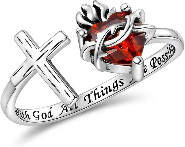 Huitan Damen-Öffnungsring, silberfarben, rotes Herz-Zirkonia, Kreuz-Design - Bild 1