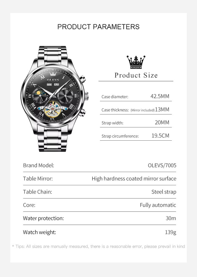 OLEVS Armbanduhr Automatik, Edelstahl, Schwarz, Silber, Herren - Bild 6