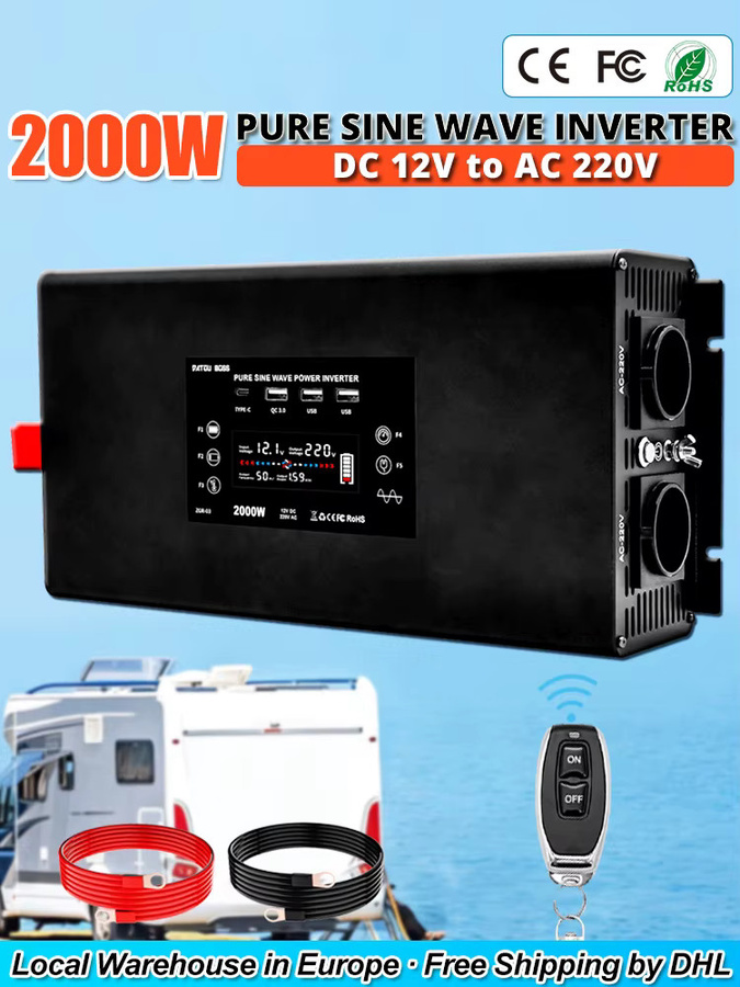 DATOUBOSS 2000W 12V DC auf 230V AC Reiner Sinus Wechselrichter mit USB-C und AC-Buchse, Spannungswandler für RV und Auto, Schwarz - Bild 7