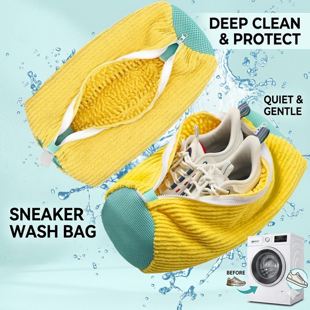 XMSJ Schuhwaschbeutel für Sneaker in Gelb mit flauschigen Fasern zum Schutz in der Waschmaschine - Bild 1