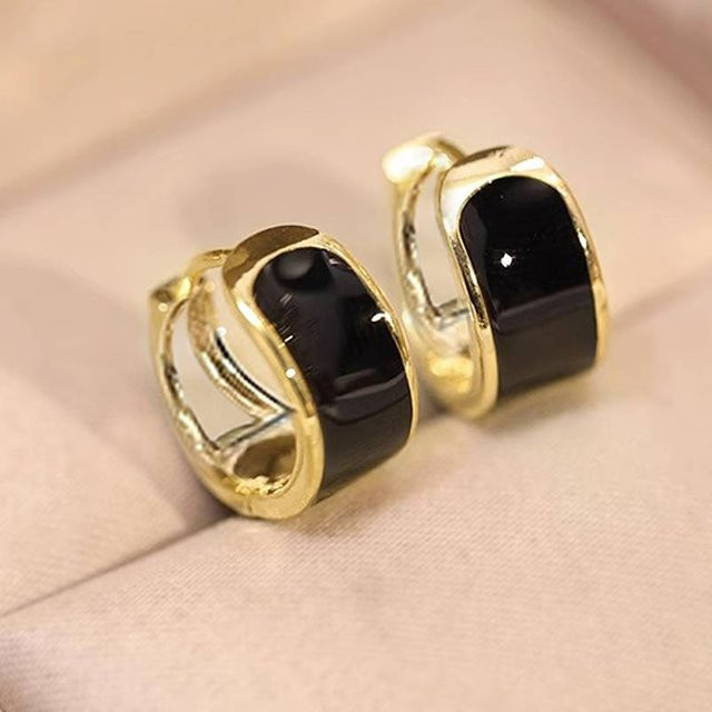 Huitan Creolen-Ohrringe, goldfarben, schwarzes Emaille-Design, Damen - Bild 1