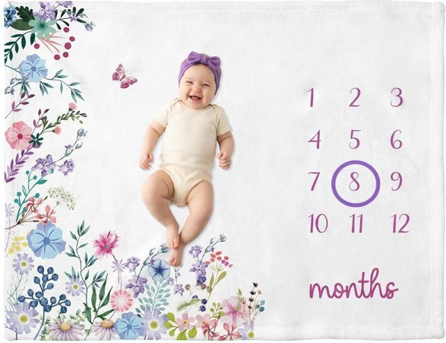 VIKAMA Baby-Meilenstein-Decke mit Aquarell-Wildblumen- und Schmetterlingsdruck zur Dekoration des Kinderzimmers - Bild 1