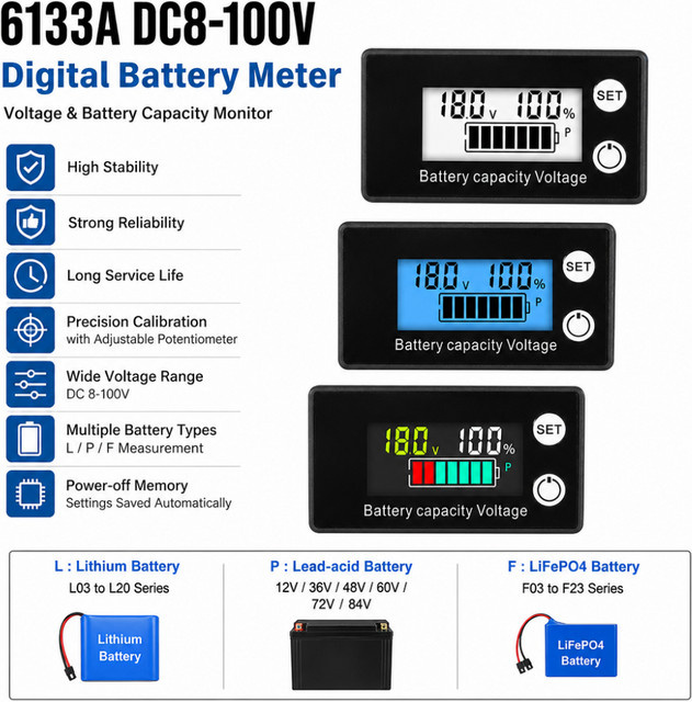 Gaqqee 6133A Digitalmessgerät DC 8–100 V, Zweidraht-LCD-Voltmeter in Schwarz-Grün - Bild 1