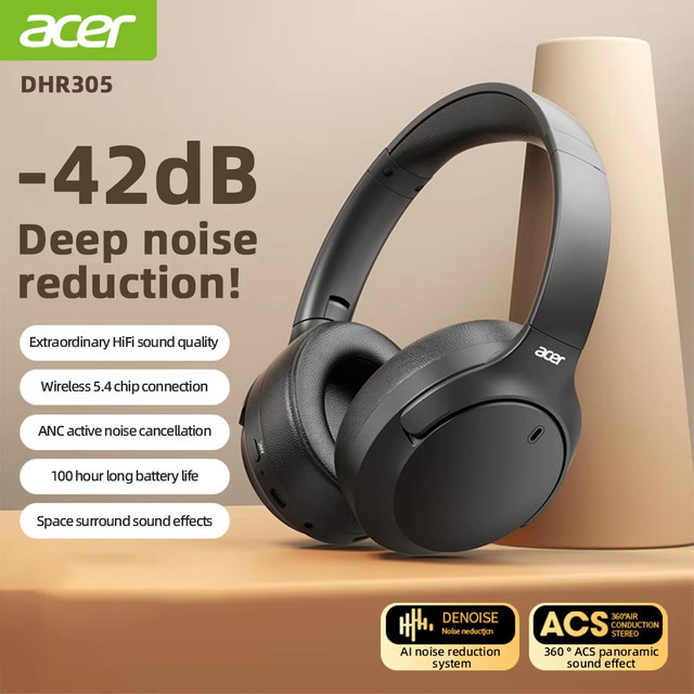 Acer OHR305 ANC Drahtlose Kopfhörer in Schwarz mit Bluetooth 5.4, ENC, HD-Mikrofon, Head Tracking, 3D Spatial Audio und -42dB Geräuschunterdrückung - Bild 1