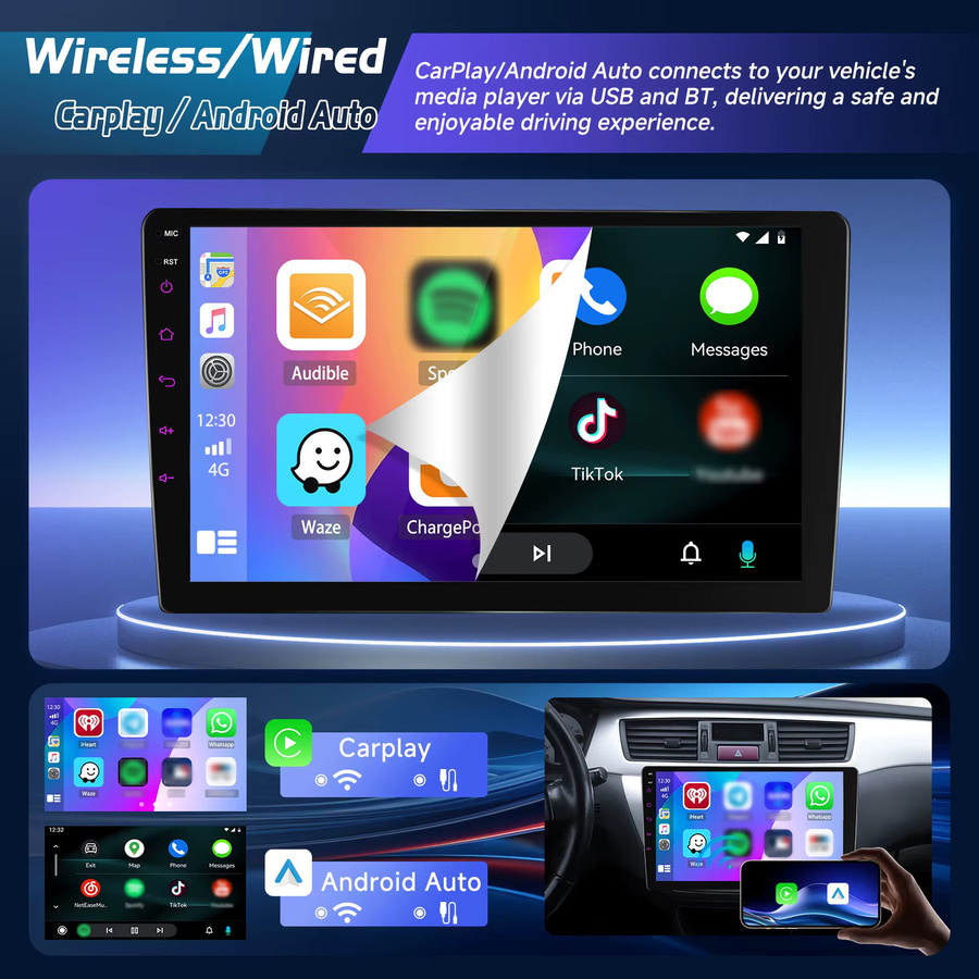 Podofo 2Din Kabelloses CarPlay Autoradio mit 9 Zoll IPS-Bildschirm, MP5 Multimedia-Player, Bluetooth, Android Auto und FM RDS in Schwarz - Bild 2