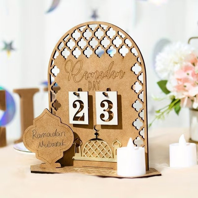 Eid Mubarak Countdown-Kalender aus Holz für Ramadan 2026, DIY Adventskalender und Tracker in Braun als islamische Dekoration für Kinder - Bild 1