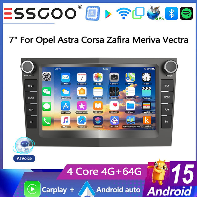 ESSGOO Android 15 Autoradio mit 7 Zoll Display, 4GB RAM + 64GB Speicher, Wireless Carplay, Android Auto, GPS, Bluetooth und WiFi für OPEL Astra Corsa Zafira Meriva Combo Signum Vectra Vivara, Schwarz - Bild 1