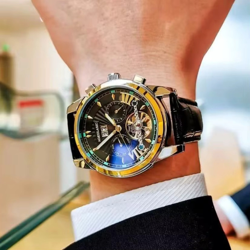 AOKULASIC Armbanduhr Automatik, Edelstahl, Leder, Schwarz, Herren - Bild 3