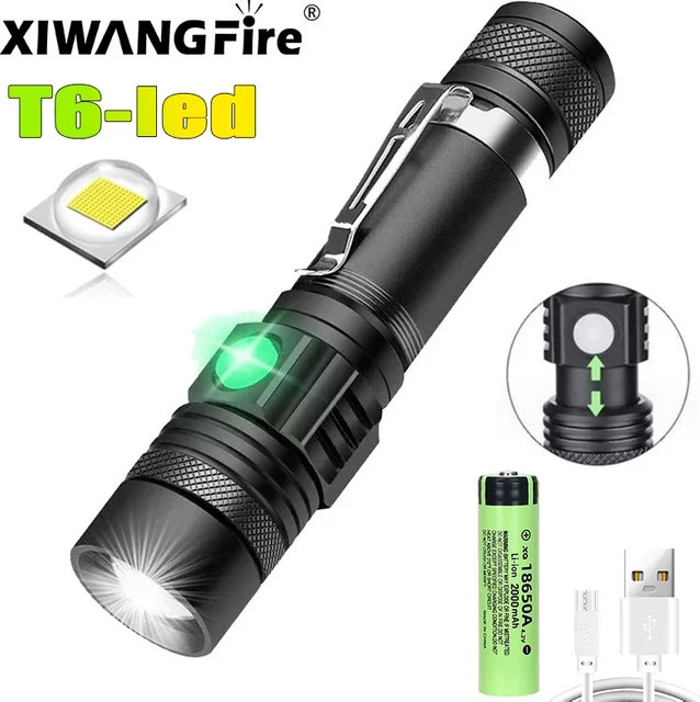 XIWANGFIRE Hochleistungs-LED-Taschenlampe in Schwarz mit Zoomfunktion, wasserdicht und USB-ladbar - Bild 1