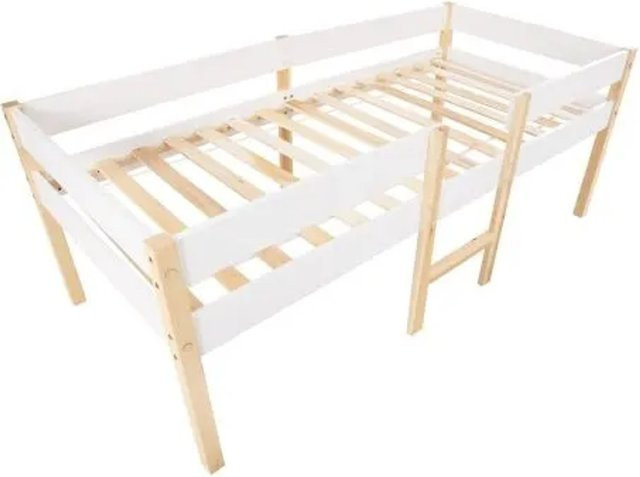 KOMHTOM Kinderbett aus massivem Kiefernholz mit Schublade und Absturzsicherung, Farbe Weiß und Eiche, B/T/H: 90 x 200 x 103 cm - Bild 1