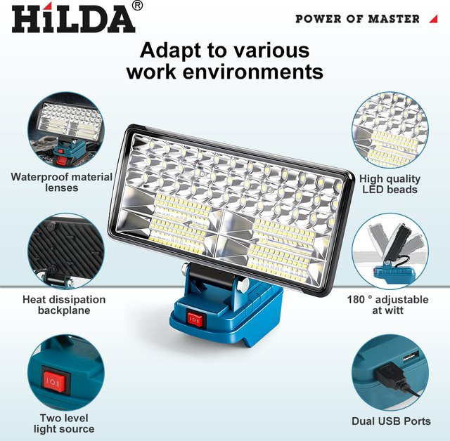 HILDA Kabellose LED-Arbeitsleuchte in Schwarz, verstellbare Taschenlampe und Campinglampe für Makita-Akkus - Bild 1