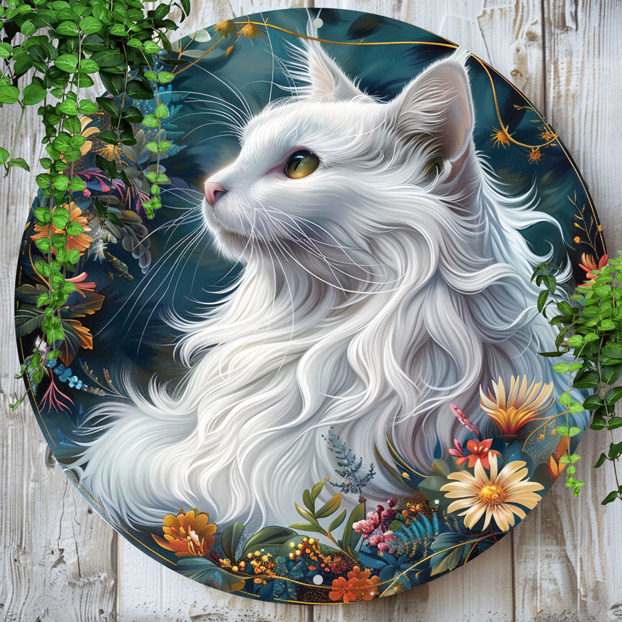 Potdemiel Rundes Aluminiumschild mit weißer Katze im Vintage-Stil, Wandkunst aus Metall, Durchmesser: 20 cm - Bild 3