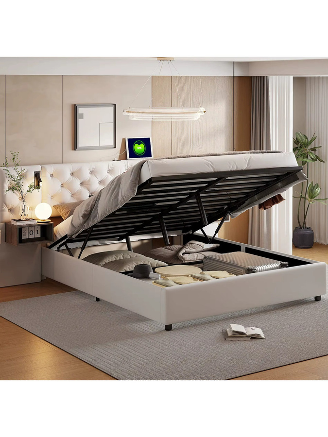 Rosahqnda Polsterbett mit LED, USB und Stauraum, Doppelbett mit 2 Nachttischen, Samtbeige, B/T/H: 140 x 200 cm - Bild 5