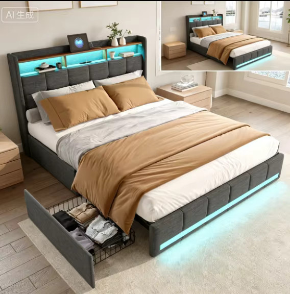 Polsterbett in Rosa mit LED-Beleuchtung, USB-Ladefunktion und 4 Schubladen, B/T/H: 140 x 190 cm - Bild 4