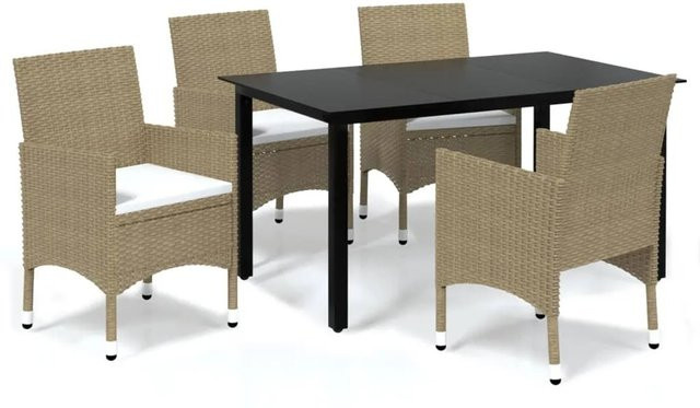 vidaXL 5-tlg Garten-Essgruppe aus Poly Rattan mit Kissen in Beige und Schwarz mit Glastisch - Bild 1