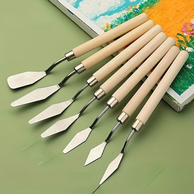 7-teiliges Kunstwerkzeug-Set aus Metall für Malerei mit Mischmessern und Schabern in Silber und Braun - Bild 1