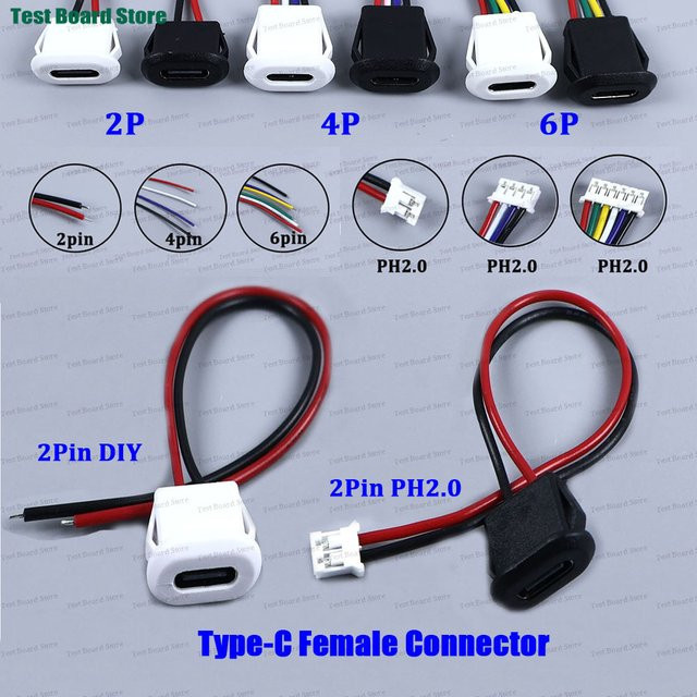 Wasserdichter USB-C Steckverbinder Typ-C Buchse mit Kartenschnalle und PH2.0 Anschluss, Schwarz - Bild 1