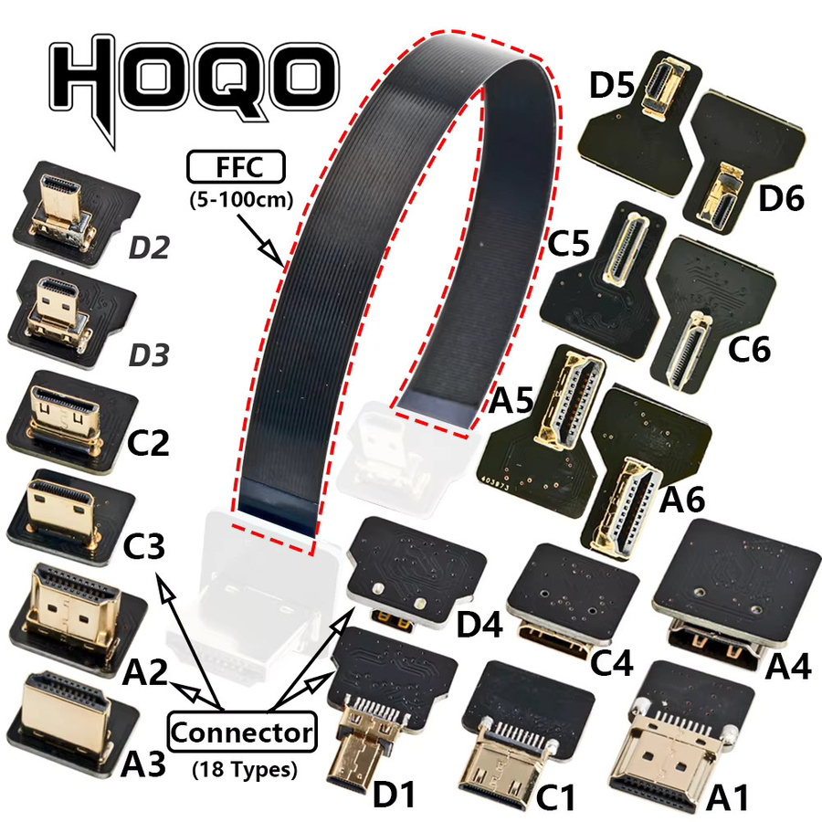 HOQO HDMI FPV Flachbandkabel Micro HD auf Mini HD Buchse, 20pin, Schwarz - Bild 2