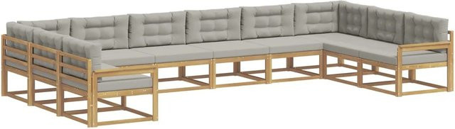 vidaXL Outdoor-Sofagarnitur aus massivem Akazienholz mit 10-teiligem Kissen-Set in Weiß und Hellgrau - Bild 1