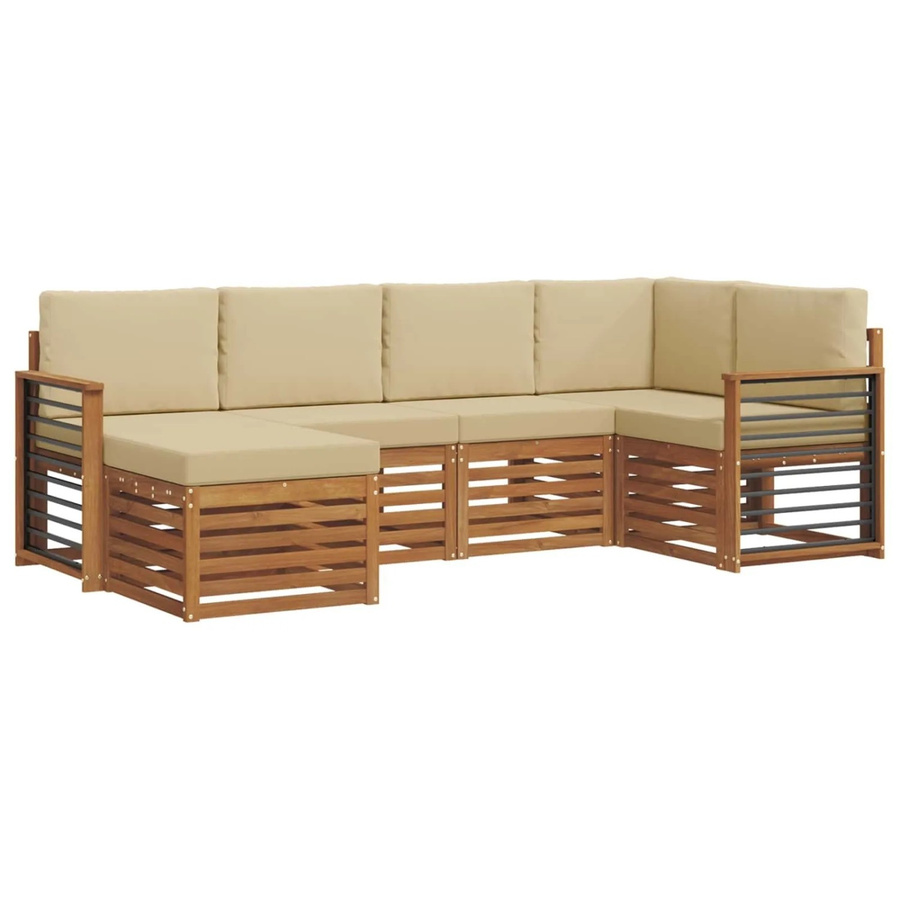 vidaXL Sofagarnitur 6-teilig aus Massivholz Akazie in Natur und Beige mit L-Form und Polsterung - Bild 2