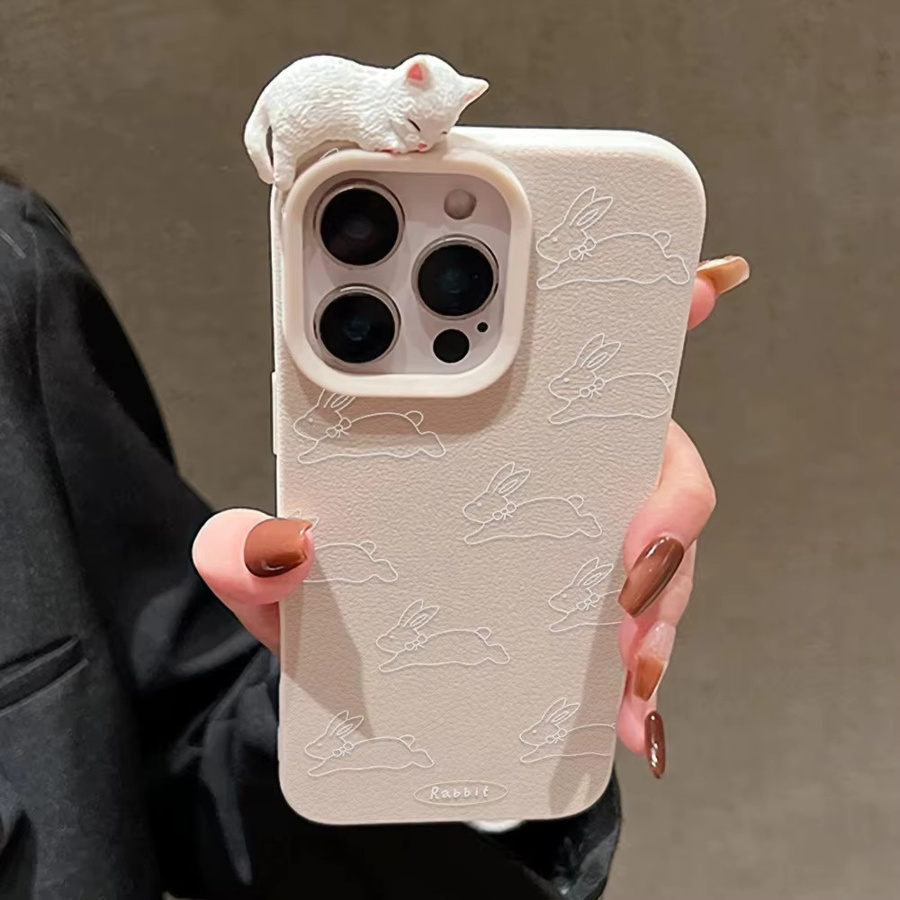3D-Kaninchen Leder Handyhülle für iPhone 17 16 15 14 13 12 Pro Max Plus Air in Pink mit Stoßschutz und Soft-Design - Bild 2