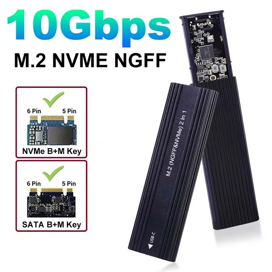 Kebidumei NVMe M.2 SSD externes Gehäuse mit USB-C 10Gbps, Aluminiumgehäuse für M/M+B-Schlüssel, Farbe: Schwarz - Bild 2