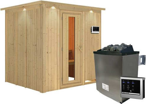 Karibu Sauna Rakvere aus Fichtenholz mit 9 kW Saunaofen und externer Steuerung für 3 Personen, beige - Bild 1