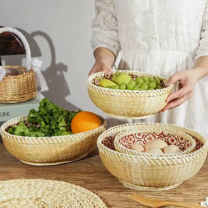 Runder handgewebter Bambus-Aufbewahrungskorb in Beige, rustikaler faltbarer Korb für Obst, Snacks, Gemüse oder Wäsche - Bild 5