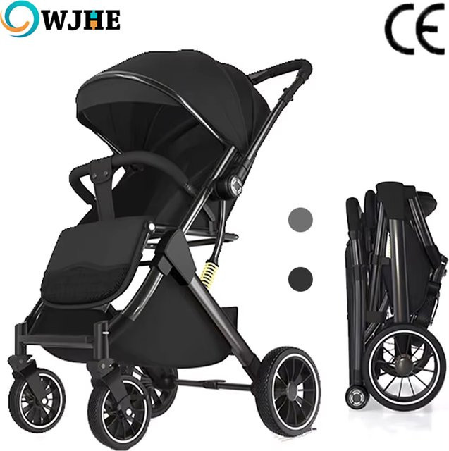 OWJHE Luxuriöser Kinderwagen in Schwarz mit Stoßdämpfung und Neugeborenen-Wippe für Neugeborene - Bild 1