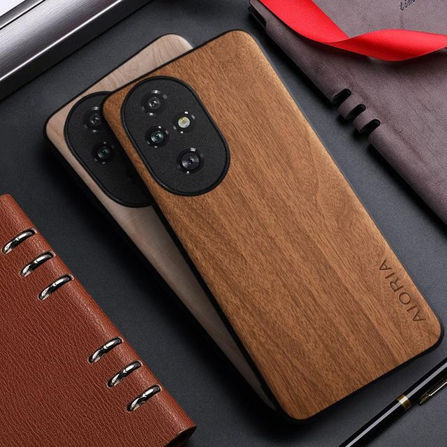 Handyhülle mit Bambus-Holzmuster und Leder-Rückseite für Honor 200 Lite, Honor 200 Pro und Honor 200 Smart in Schwarz oder Braun - Bild 1