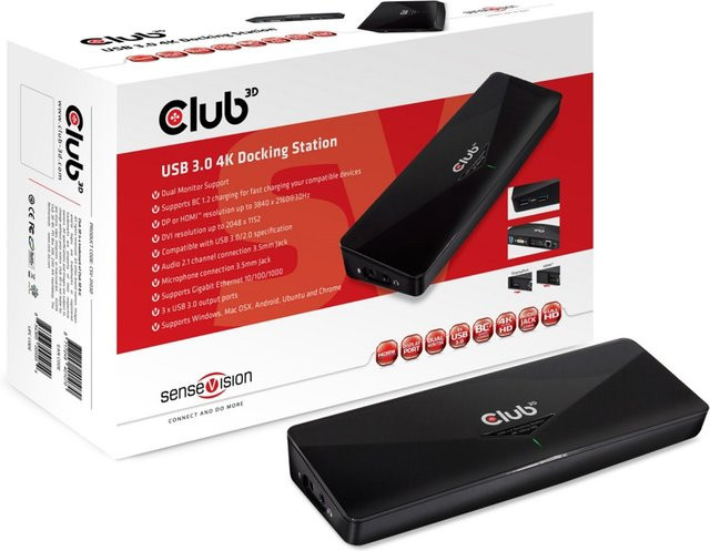 Club3D SenseVision USB 3.0 4K UHD Dockingstation in Schwarz mit HDMI, DisplayPort und GigE - Bild 1