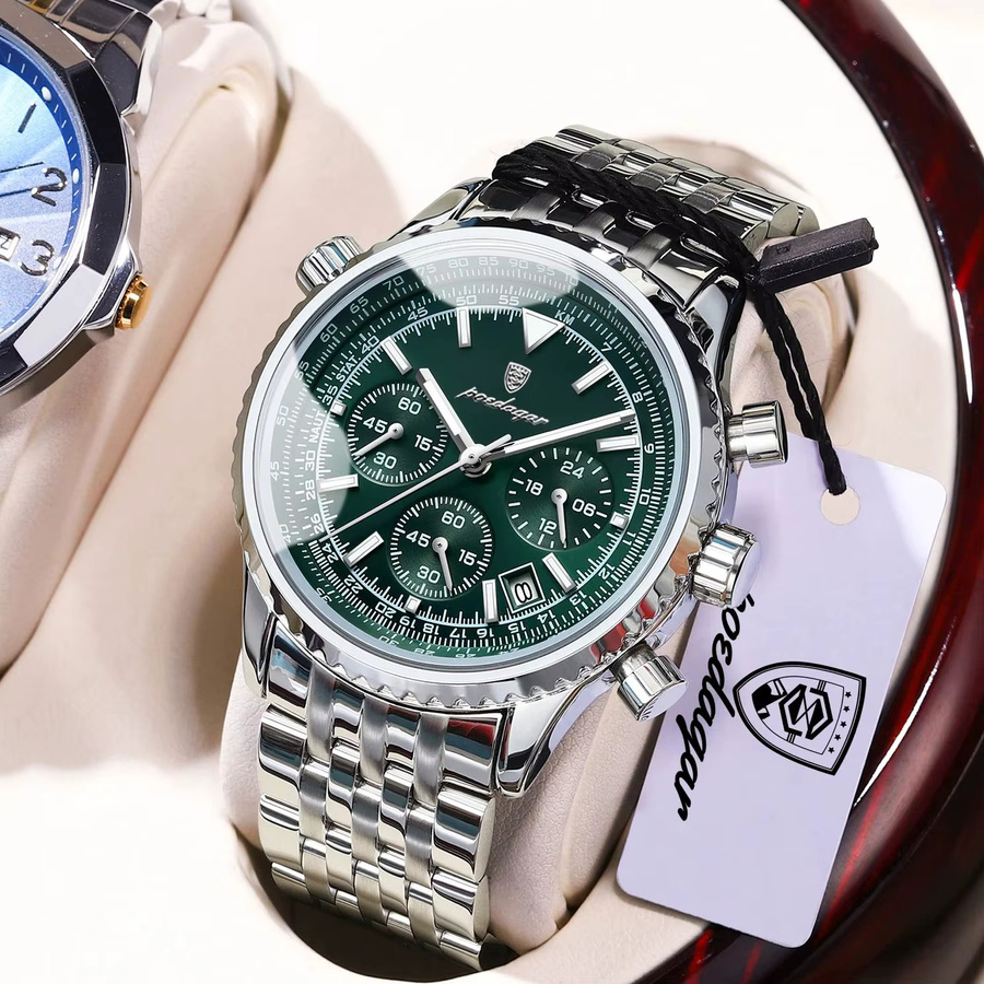 POEDAGAR Armbanduhr Chronograph, Quarz, Edelstahl, Grün, Herren - Bild 2