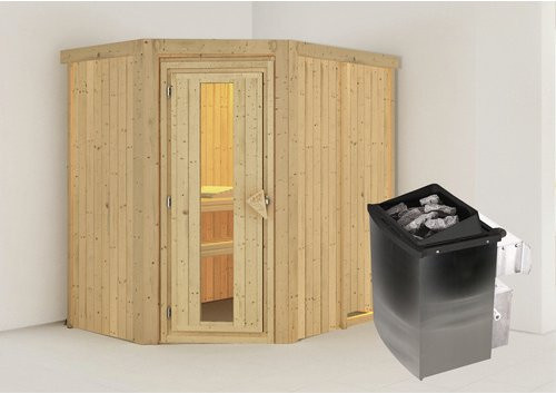Karibu Sauna Vijandi aus Fichtenholz mit 9 kW Saunaofen und integrierter Steuerung für 3 Personen, beige - Bild 1