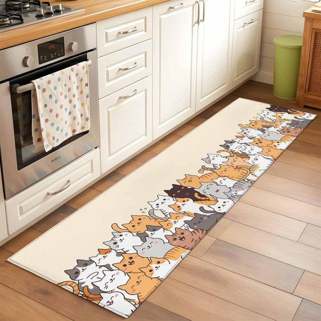 Cartoon Katze Läufer Teppich mit niedlichem Tiermuster, rutschfest und saugfähig, Multicolor, B/T: 40 x 120 cm - Bild 1