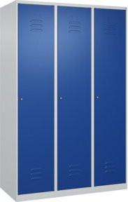 C+P Spind Classic PLUS Garderobenschrank mit 3 Abteilen, H x B x T: 185 x 120 x 50 cm, Zylinderschloss und 4 Garderobenhaken, Stahlkonstruktion in Lichtgrau und Enzianblau - Bild 1