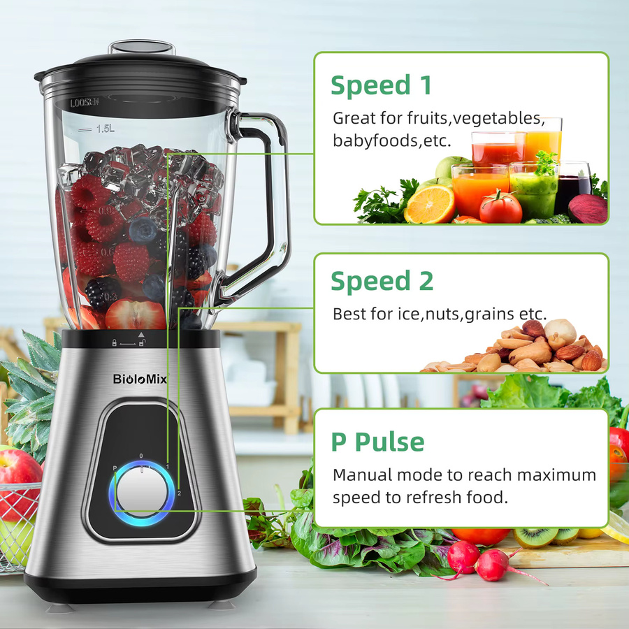 BioloMix professioneller Smoothie-Mixer in Silber mit 1300 W Leistung und 1,5 l Glasbehälter - Bild 2