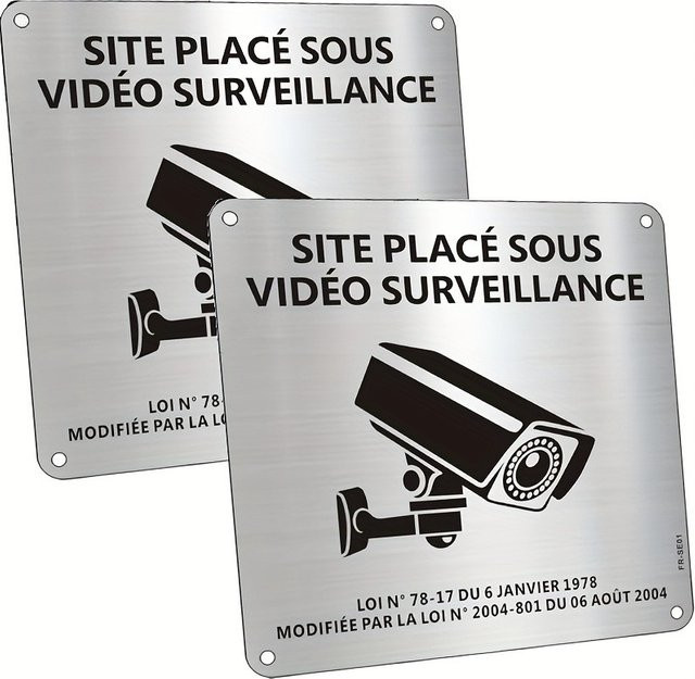 CIFBUY Videoüberwachungs-Schild aus Metall in französischer Sprache, 2er-Set, B/H: 15 x 15 cm, selbstklebend mit Loch zur CCTV-Hinweisung - Bild 1