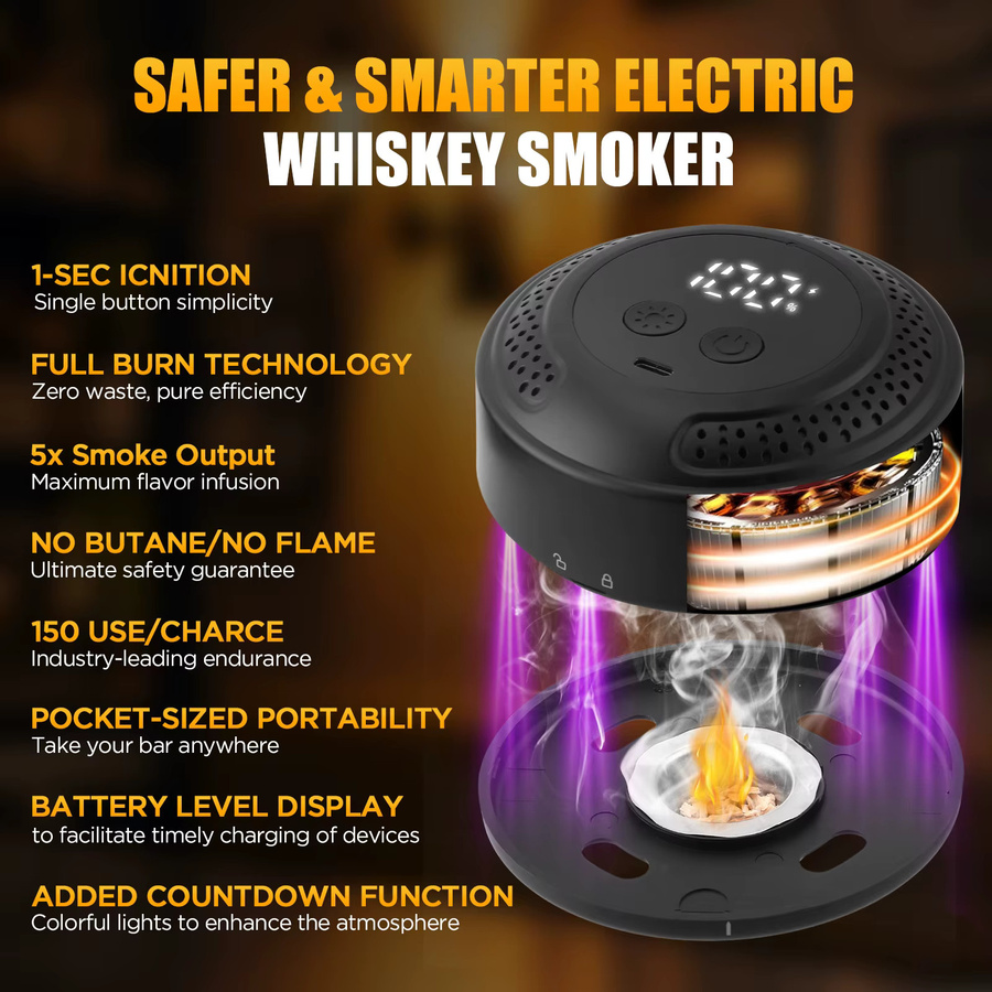 Rbefeuly Elektrisches Whiskey-Räucher-Set in Schwarz mit 6 Holzspänen und integriertem Feuerzeug - Bild 6